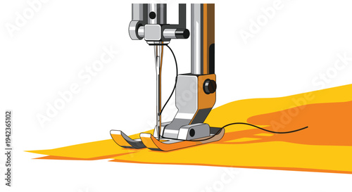 A sewing machine's metal presser foot and needle are positioned over a bright yellow fabric with a black thread on a white background.