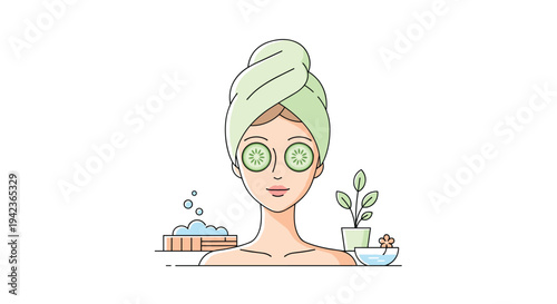 A woman with a green towel on her head and cucumber slices on her eyes is depicted with spa items on a white background.