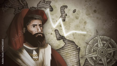 marco polo showing silk road route on vintage map with star compass