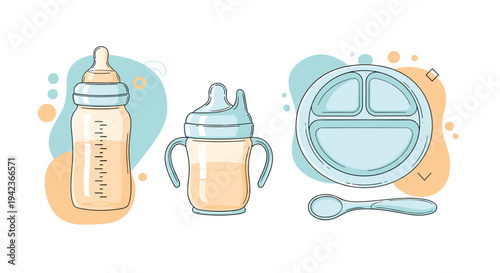 Baby feeding equipment set featuring milk bottle, sippy cup, divided plate, and spoon in soft pastel blue and orange colors.