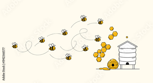 Group of cute cartoon bees flying towards a beehive and honeycomb elements on a light yellow background in flat vector style.