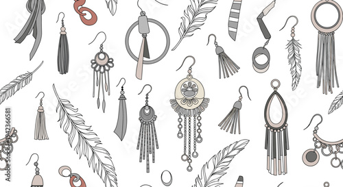 Seamless pattern with boho style jewelry including earrings, tassels, and feathers in hand-drawn line art on white background.