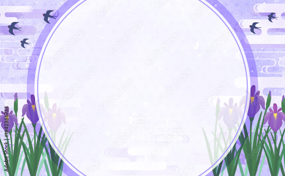 Fototapeta premium 菖蒲の紫色の水彩風和柄丸フレーム_横