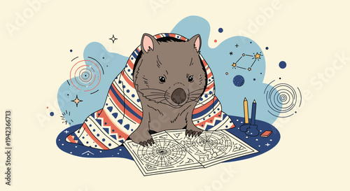 Cute wombat wrapped in a patterned blanket looking at an open book with celestial and planetary motifs in the background sky.