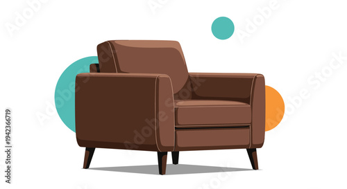 Comfortable brown leather armchair with dark wooden legs isolated on a white background with abstract geometric shapes behind.