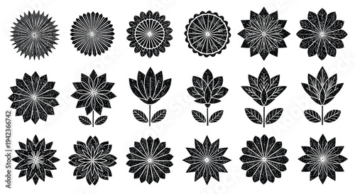 Large set of various black flower silhouettes and leaf designs with a textured grunge effect on a clean white background.