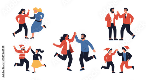 Multiple groups of diverse happy people dancing and celebrating together in various poses and festive winter clothing.