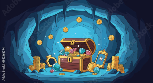 Glowing treasure chest filled with gold coins and sparkling gems inside a dark blue underground cave in pixel art style.