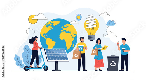 Group of people practicing sustainable lifestyle habits like recycling and using green energy with solar panels and wind power.