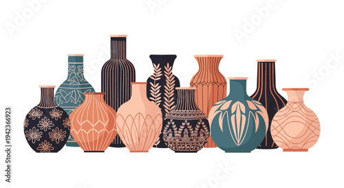 Collection of diverse decorative ceramic vases in various shapes, sizes, and colors with intricate patterns and motifs.