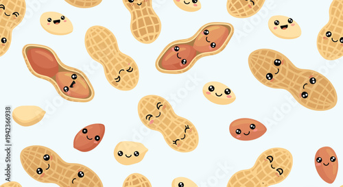 Seamless pattern with cute smiling peanut characters and whole nuts on a soft light blue background in cartoon style.