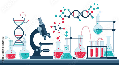 Scientific laboratory scene with a microscope, test tubes, flasks, and chemical reactions representing research and study.