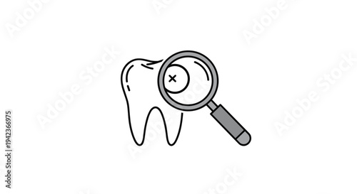 Dental checkup icon featuring a tooth being examined by a magnifying glass to detect a cavity or decay in line art style.