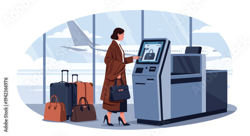 Woman using an automated self-service check-in kiosk at an airport terminal with luggage and an airplane in the background.