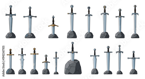 Large collection of various medieval fantasy swords and blades stuck in heavy stone rocks isolated on a plain white background.