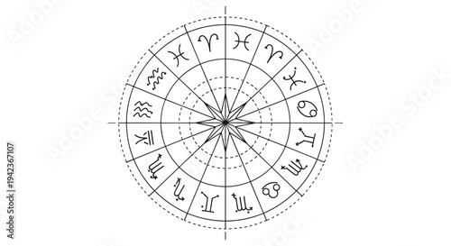 Circular astrological zodiac chart featuring twelve constellation symbols and celestial geometry in black and white line art.