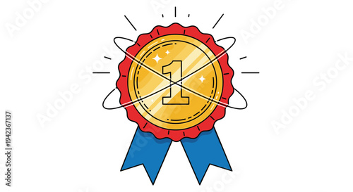 Shiny gold first place award medal with number one and blue ribbons with celebratory sparkles isolated on white.