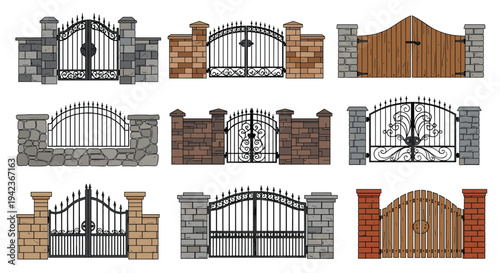 Set of different garden and driveway gate designs featuring wrought iron and wood with decorative stone and brick pillars.