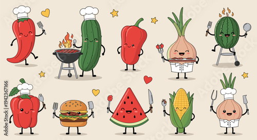 Cute anthropomorphic vegetable characters having a barbecue party with grill and cooking utensils isolated on a neutral background.