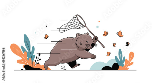 Cute cartoon wombat running through the grass with a butterfly net trying to catch colorful butterflies in nature.