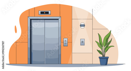 Modern building interior featuring a closed elevator door in an orange and tan hallway with a green potted plant.