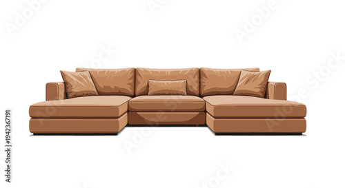 Large u-shaped brown fabric sectional sofa with comfortable cushions and pillows isolated on a plain white background.