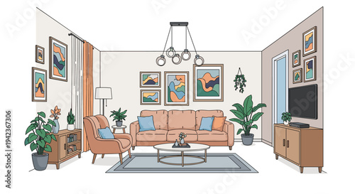 Modern living room interior design featuring a peach sofa armchair coffee table and walls decorated with framed art.