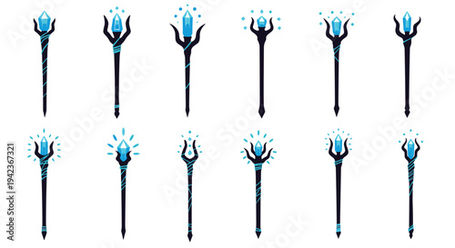Collection of magical fantasy staves and scepters with glowing blue crystals and dark ornate handles isolated on white.