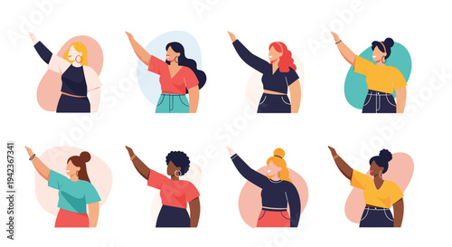 Group of diverse women of various ethnicities waving their hands with friendly and welcoming expressions in a flat style.
