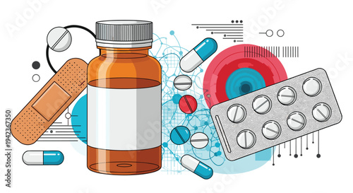 Healthcare and pharmaceutical concept showing a brown medicine bottle with pills capsules and a bandage against an abstract background.