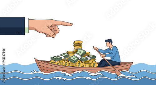 Conceptual illustration of a small man in a boat full of money being directed by a giant business suit hand in the ocean.