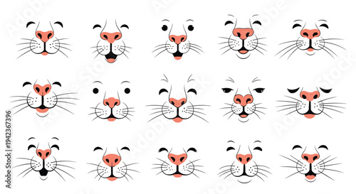 Collection of cute cat face illustrations showing various emotions and expressions including happy sleepy and surprised.
