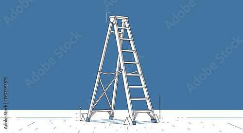 Simple line drawing of a silver folding step ladder standing against a solid blue background in a minimal style.