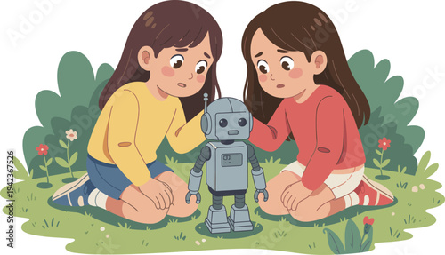 Two curious girls exploring small robot toy in garden, childhood learning, STEM education, friendship, technology discovery, innovation, playful outdoor moment