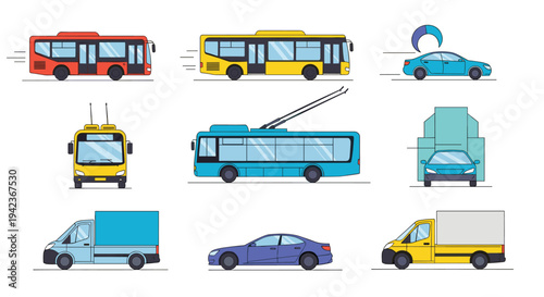Collection of various modern city transportation vehicles including buses, cars, vans, and trolleybuses in flat style.