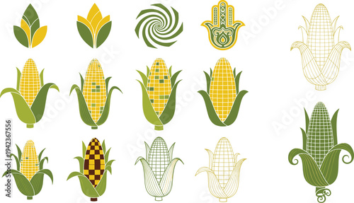 Corn Maize Icon and Symbol Vector Set with Stylized Corn Cob Designs for Agriculture Branding, Organic Farming Logos and Crop Graphics.