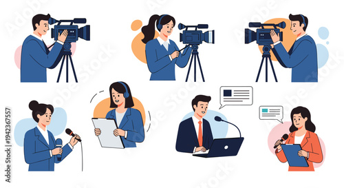 Professional media and journalism crew characters including news anchors, reporters, and cameramen in action.