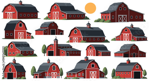Set of different red barn designs with grey roofs and white doors, showcasing varied farm building styles.