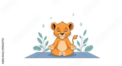 Peaceful cute lion cub sitting in a meditation pose with closed eyes and a calm expression among plants.