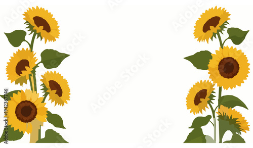 Decorative Sunflower Border Frame Vector with Blooming Yellow Flowers and Green Leaves