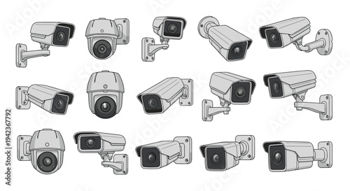 Variety of security and surveillance camera designs presented in detailed grayscale line art illustrations.