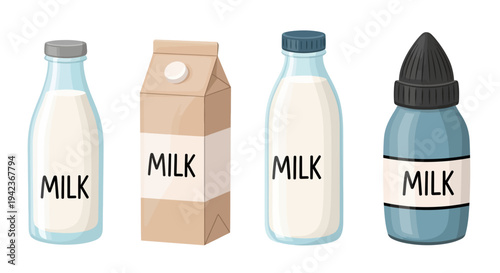 Isolated set of blank plastic and glass milk bottles with blue lids and white caps, featuring empty liquid containers and jars for healthy food or medical drink products