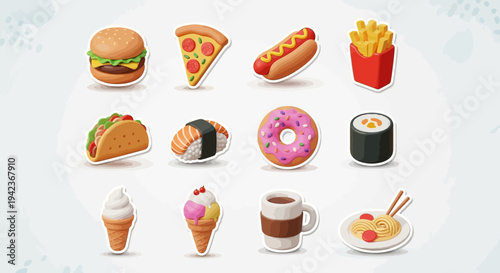 A vibrant vector set of cartoon fast food and drink icons featuring a delicious hamburger sandwich pizza slice coffee cup and chocolate cake for a restaurant meal snack breakfast illustration