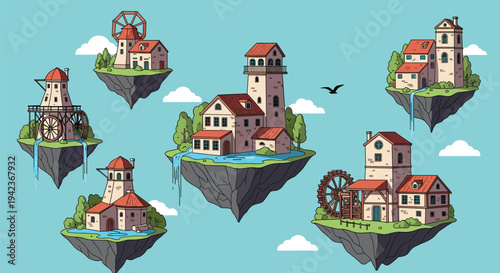 Fantastic floating islands with charming houses, gardens, and water wheels in a clear blue sky with soft clouds.