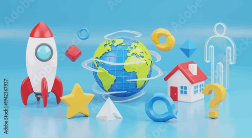 A 3d vector illustration showing children jumping in the air toward a space shuttle launch above a global planet map as a concept for future travel and technology communication