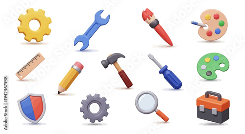 A vector illustration set of construction repair tools and colorful school supply stationery icons including a hammer, screwdriver, saw, pen, pencil, scissors, and brush for design and education proje
