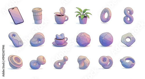 A colorful collection of vector icons featuring a set of purple nails and decorative round buttons designed as a stylish web element illustration