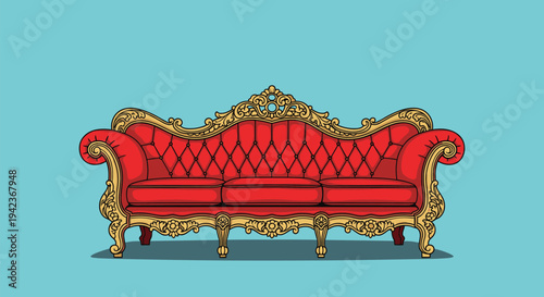 Luxurious red and gold ornate classic sofa with intricate carvings standing against a solid turquoise background.