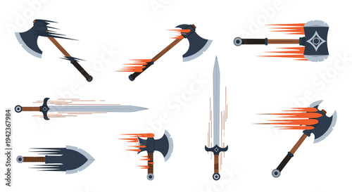 Dynamic set of medieval fantasy weapons like axes and swords shown with orange and blue motion blur effects.