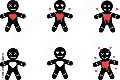 Voodoo doll set with pins and stitched hearts, spooky magic curse symbols, creepy cartoon vector illustration collection isolated